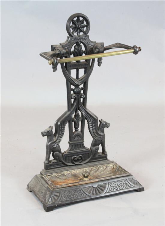 A Victorian cast iron and brass umbrella stand, 1882 reg. H.29in.